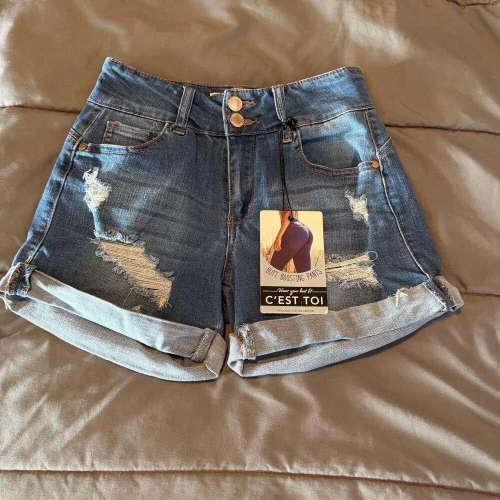 C'EST TOI Butt Boosting Ripped Rolled Hem Denim Shorts Style W856 SZ Small Distr